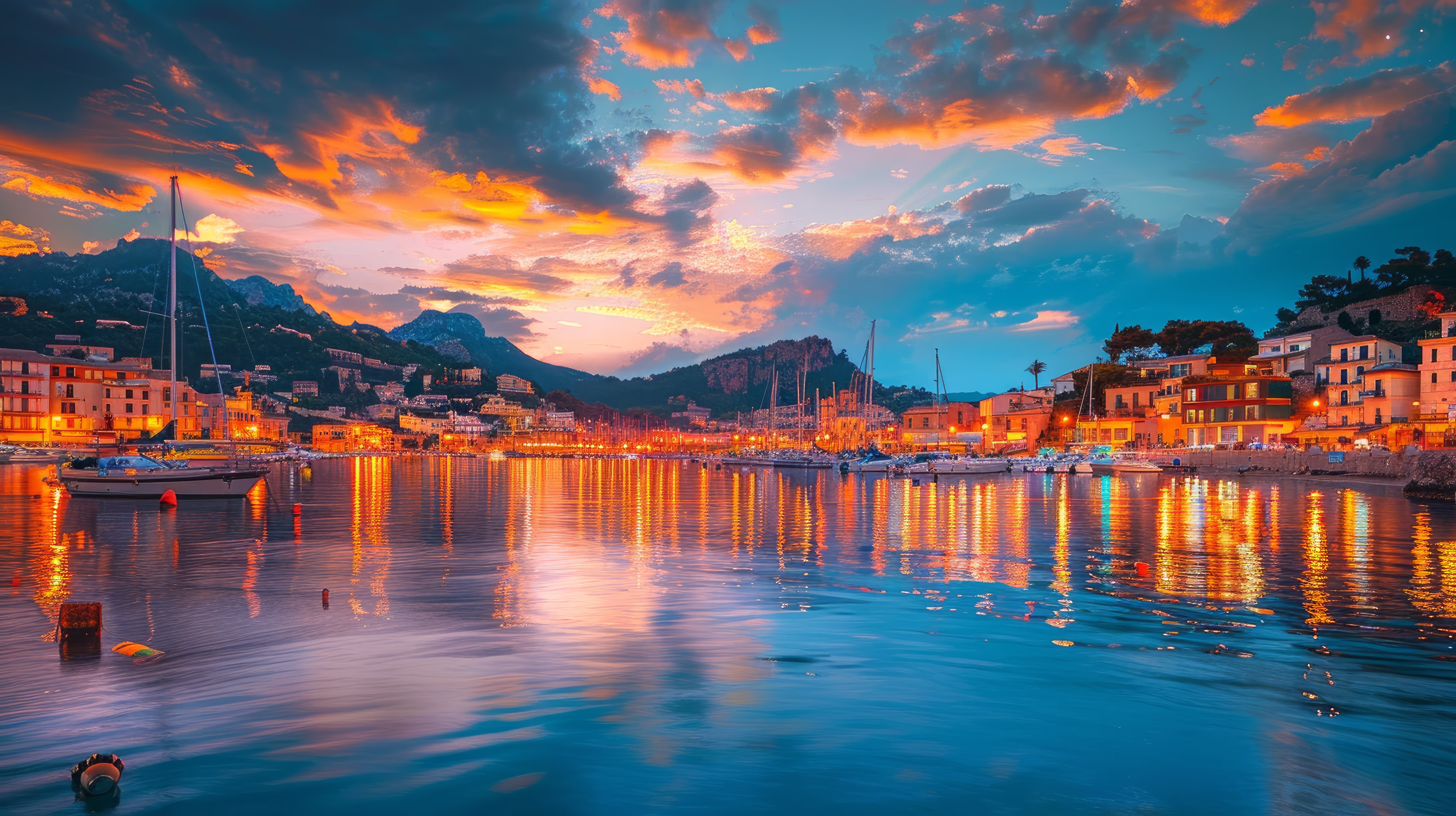 A colorful spectacle at sunset in the harbor of Port de Soller