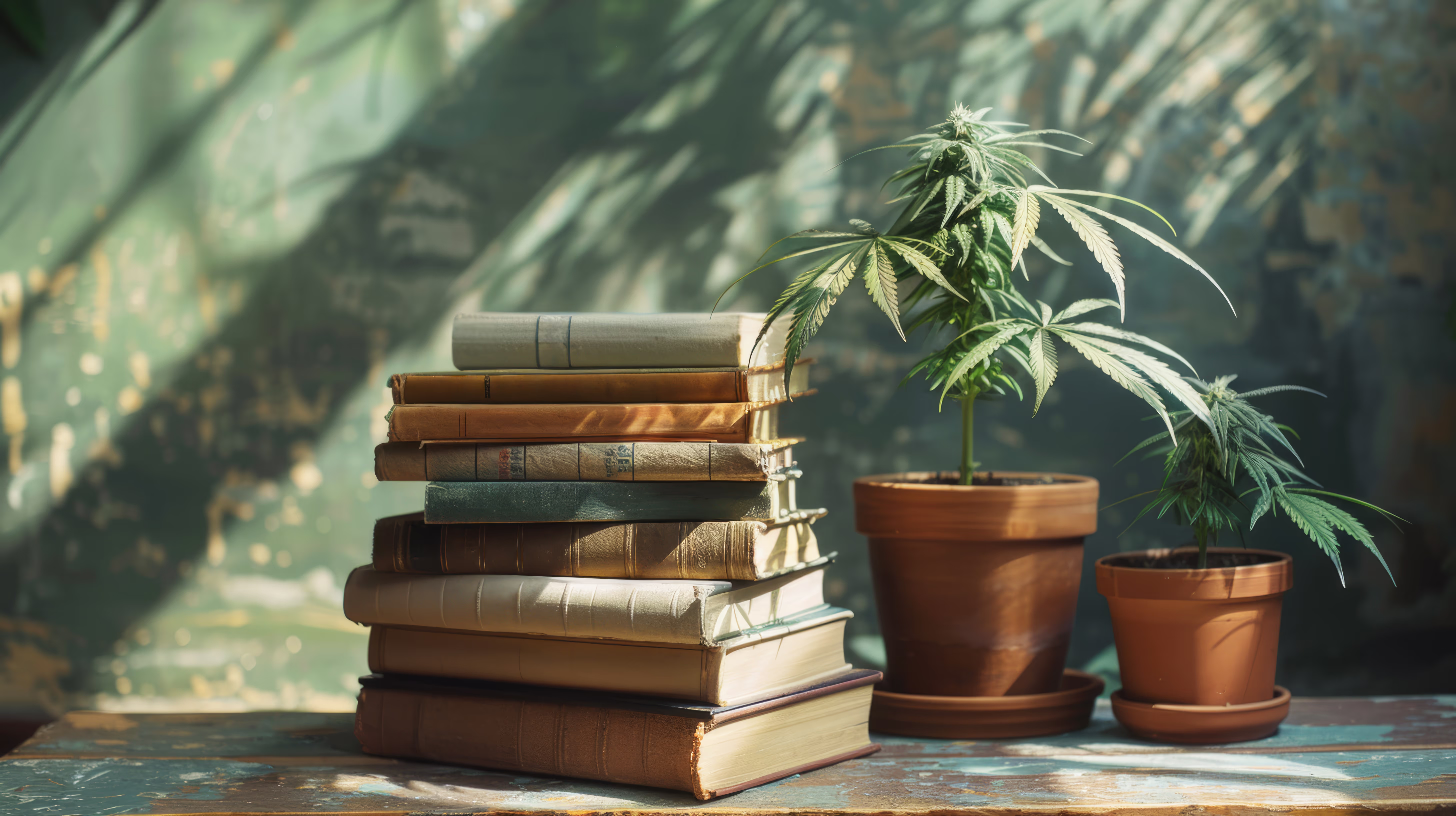Cannabis History - Old Books Next to Two Young Cannabis Plants Cannabis History - Old Books Next to Two Young Cannabis Plants