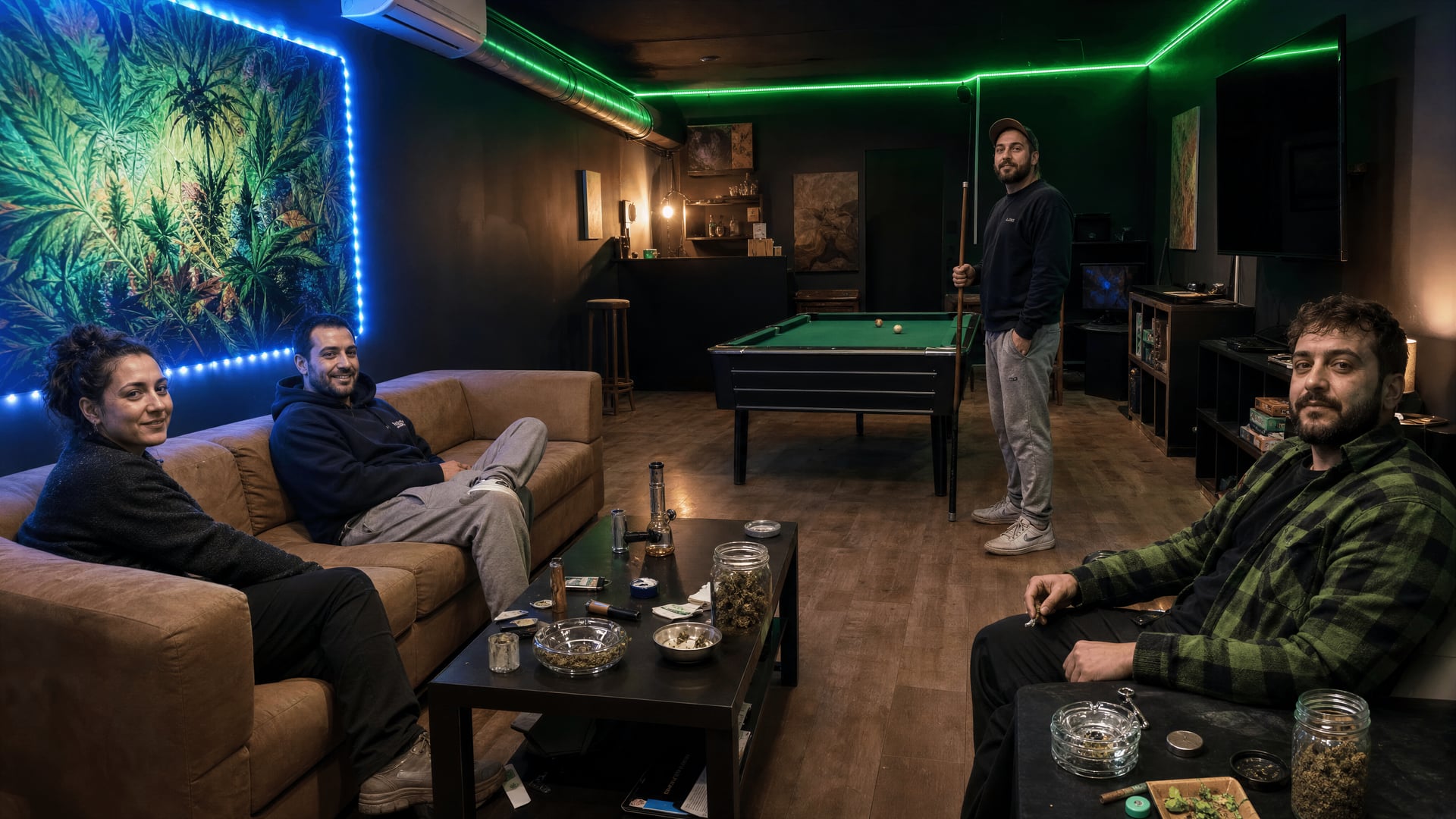 Des membres adultes partagent une salle sombre et habitée d’un club de cannabis, avec canapés, billard, télévision et éclairage LED coloré.