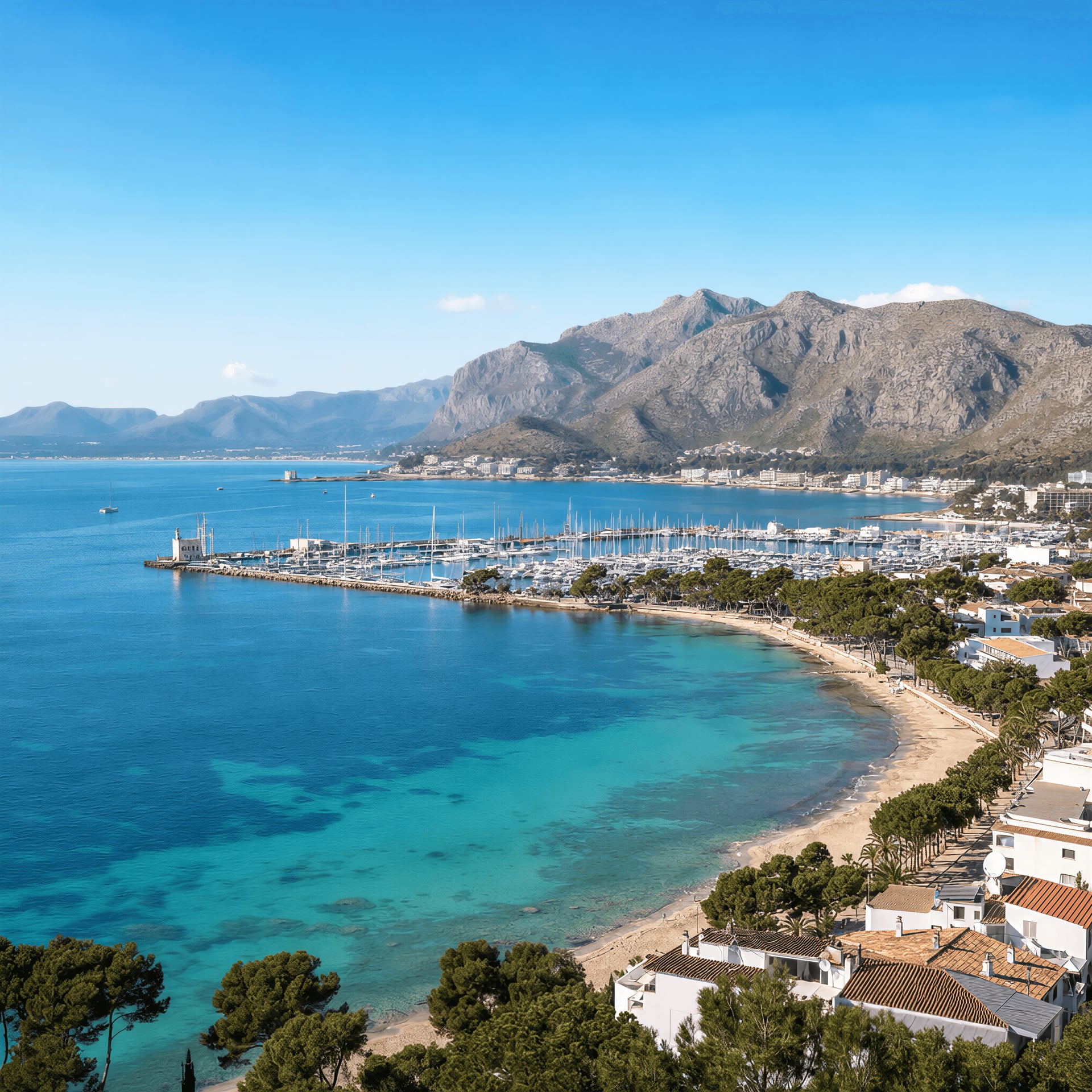 Coastal bay and marina view of Port de Pollença, northern Mallorca