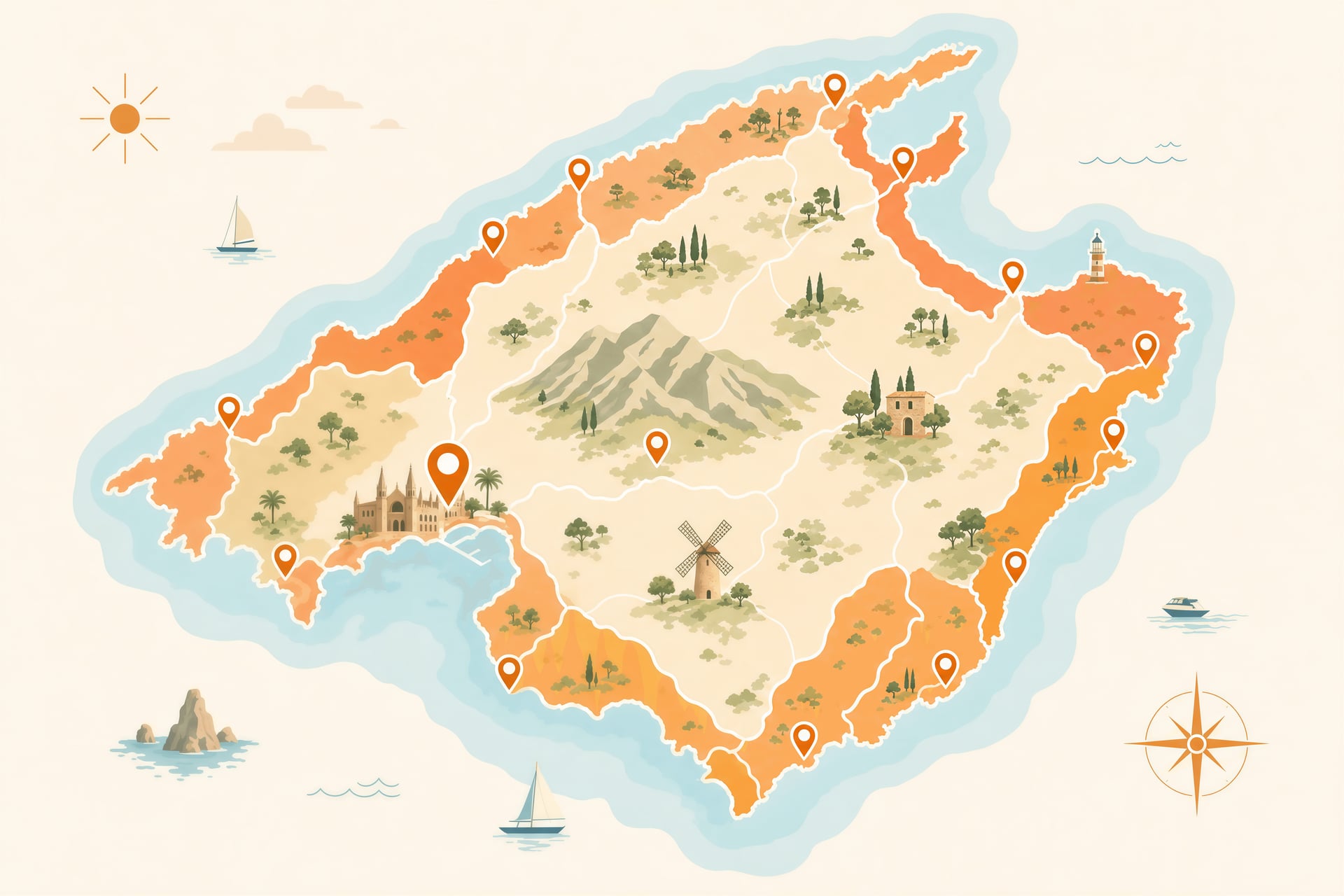 Cannabis clubs across Mallorca — stylised island regions map