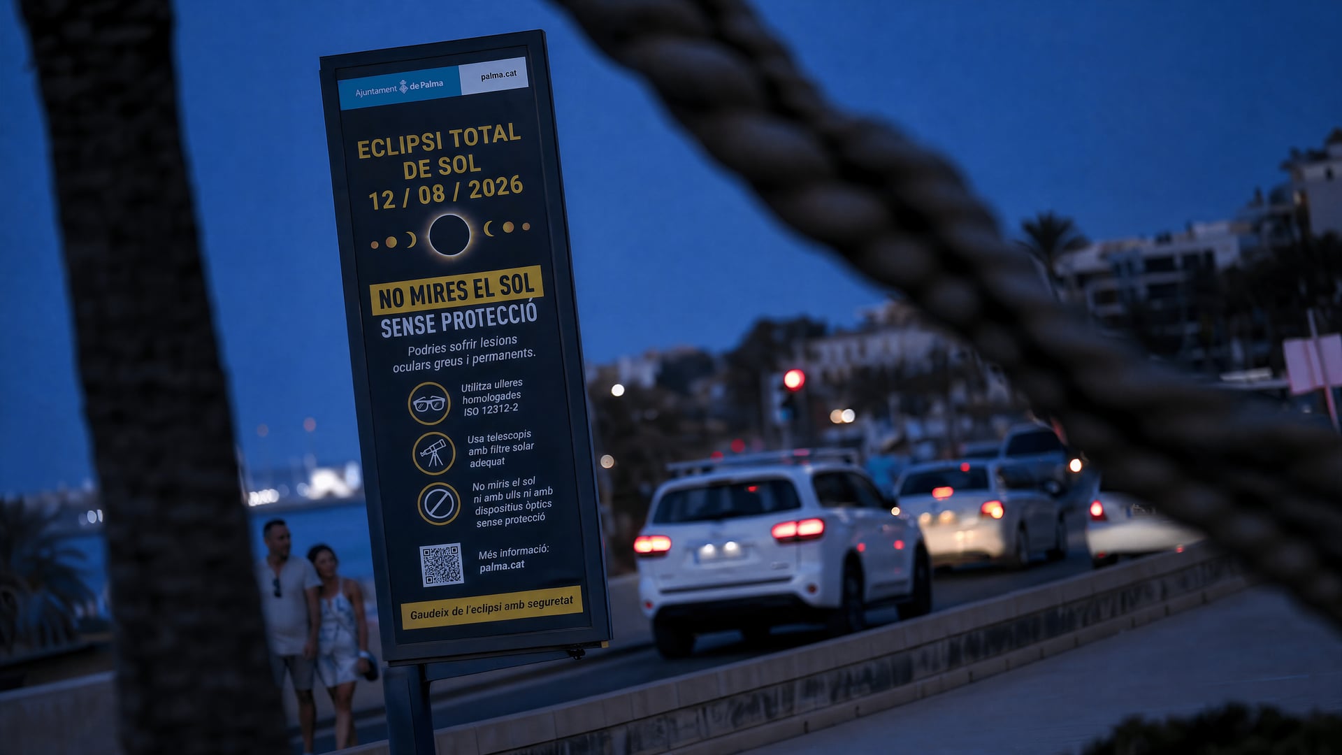 Palma street safety poster for the 12 August 2026 eclipse beside a busy summer road