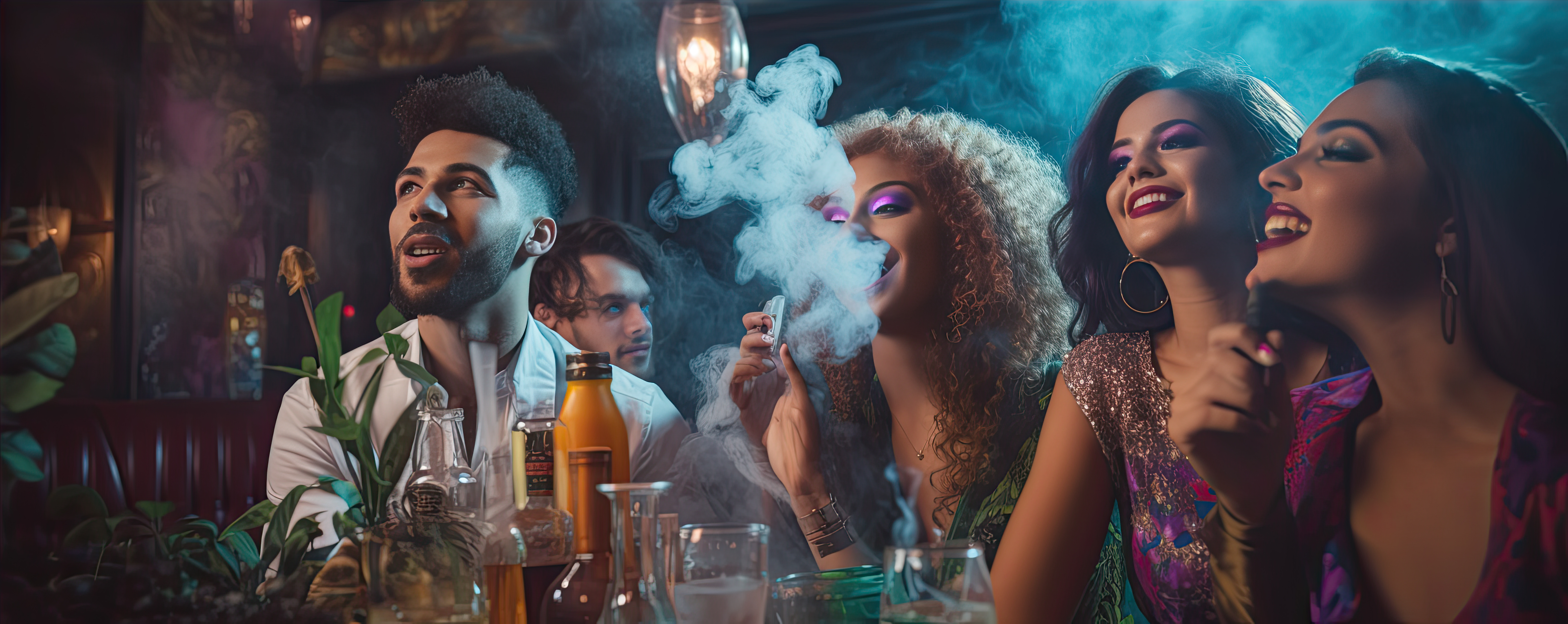 Three women, one man with drinks and cannabis in the cannabis social club on Mallorca