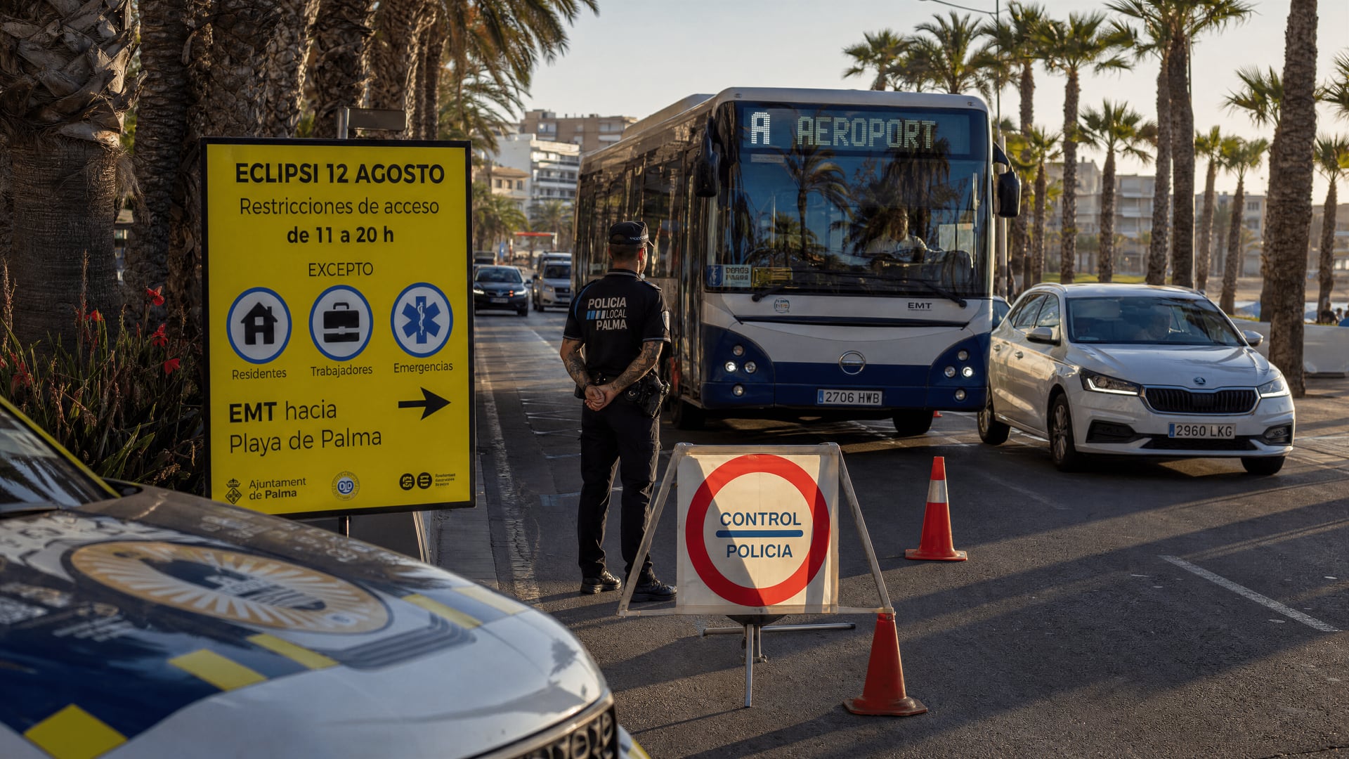 Road checkpoint and eclipse access notices near Playa de Palma in Palma