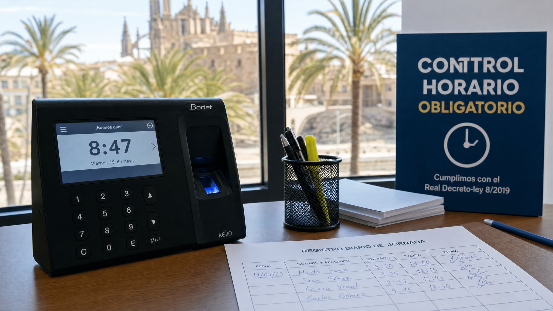 Palma office desk with digital timekeeping terminal beside paper attendance sheet