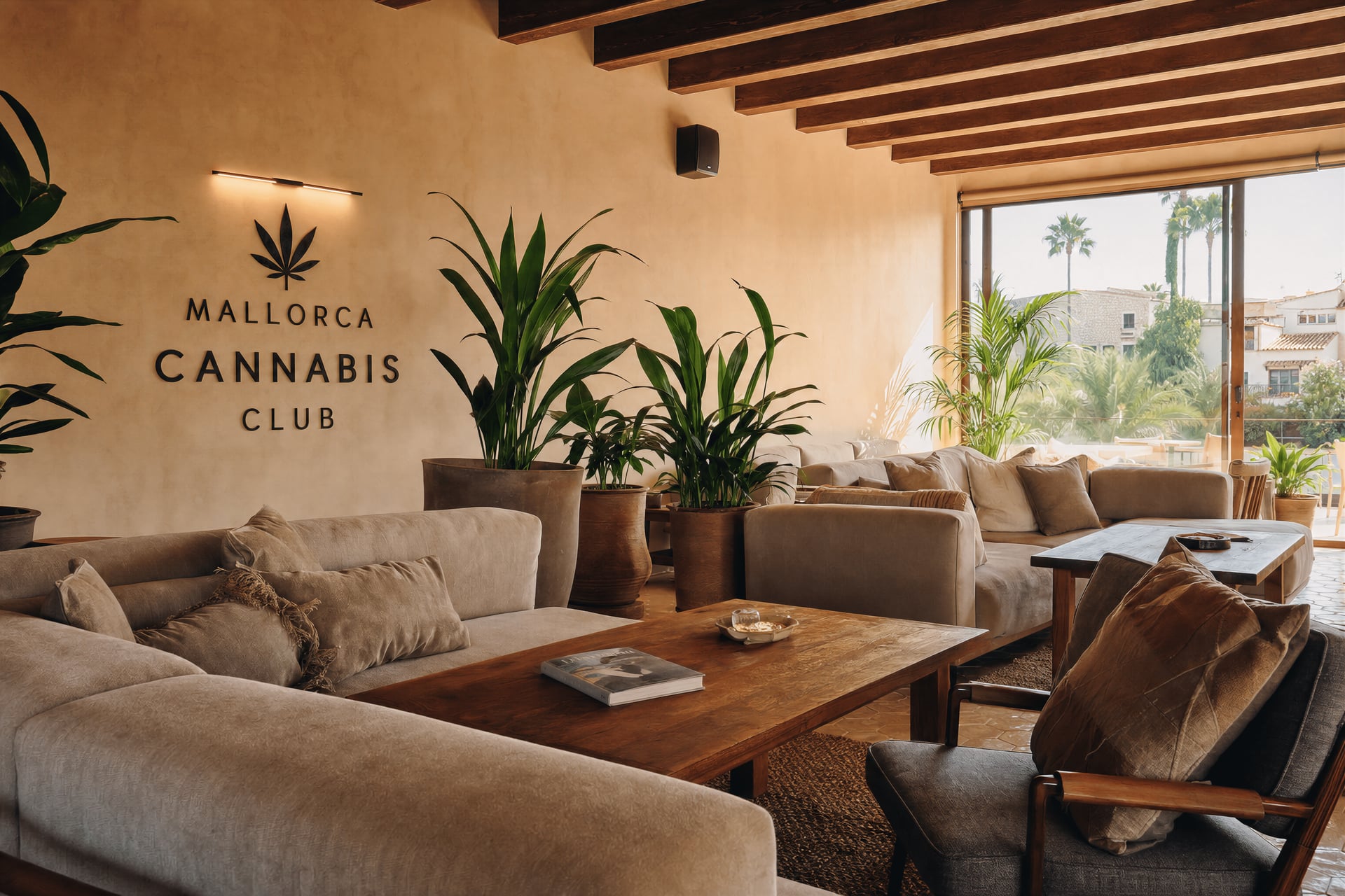 Interior lounge of a private cannabis social club near Playa de Muro, Mallorca