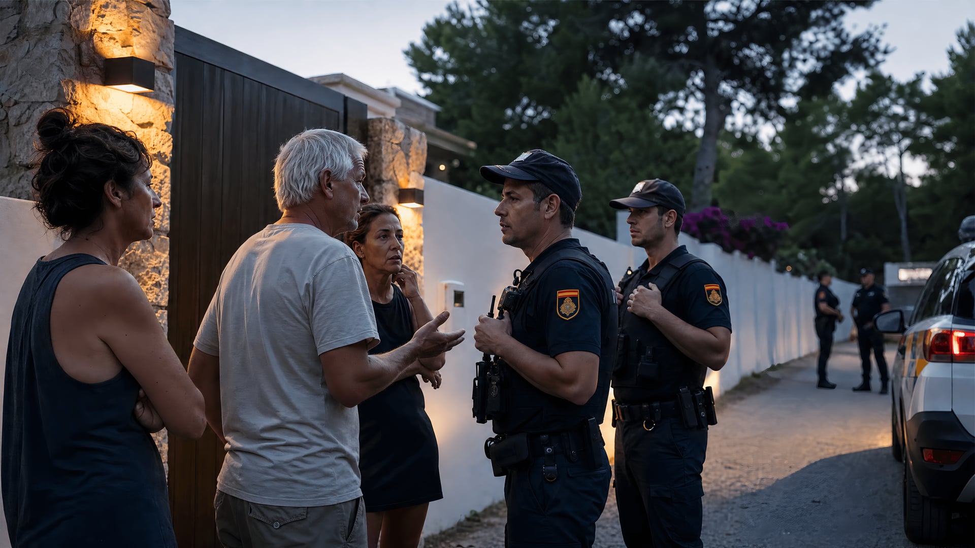 Ibiza residents speaking with police near a villa gate after a raid.