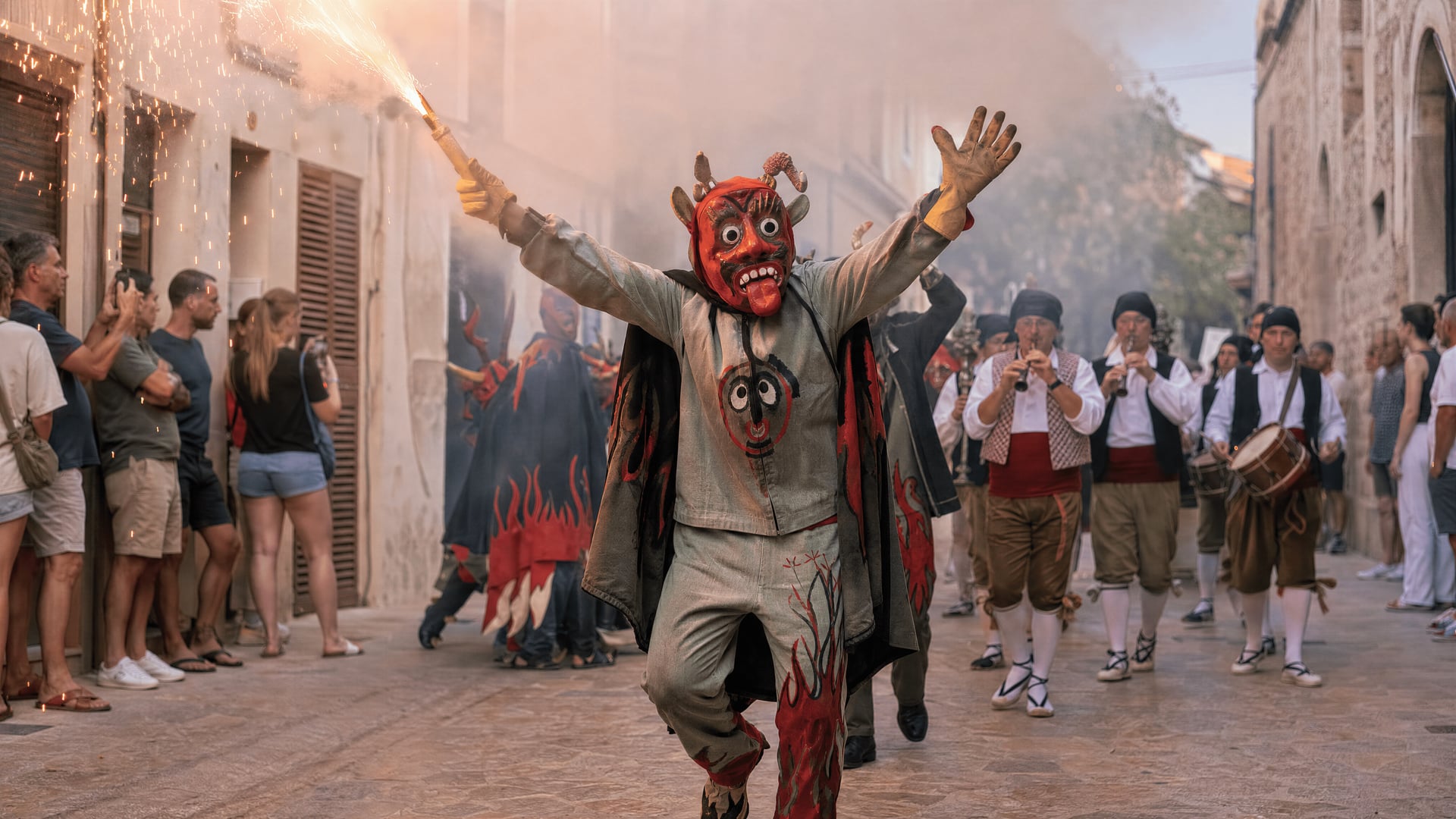 Straatprocessie in Santanyí met dimonis, caparrots en xeremiers tijdens de Sant Jaume-vieringen
