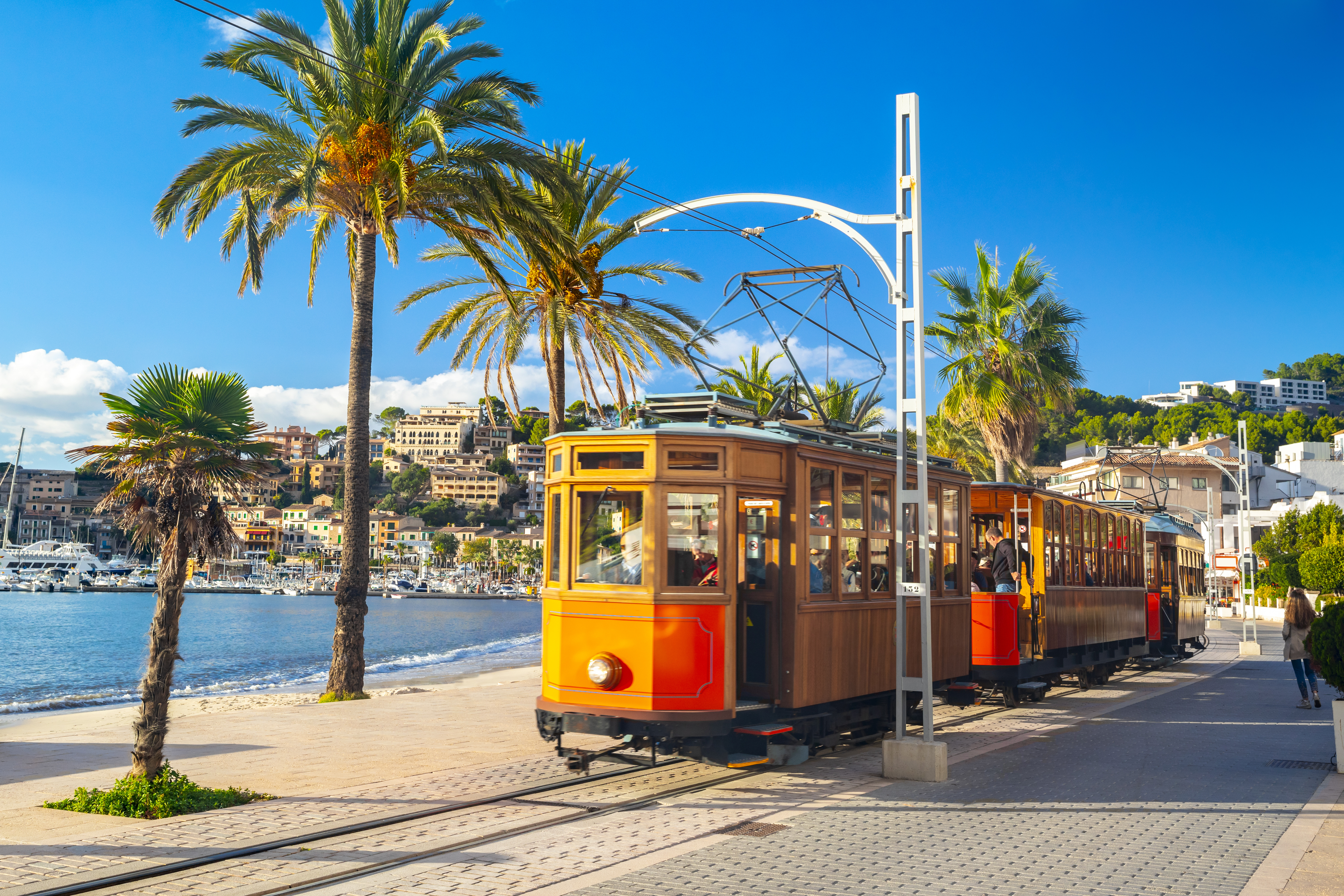 Classic tram and harbor on Mallorca