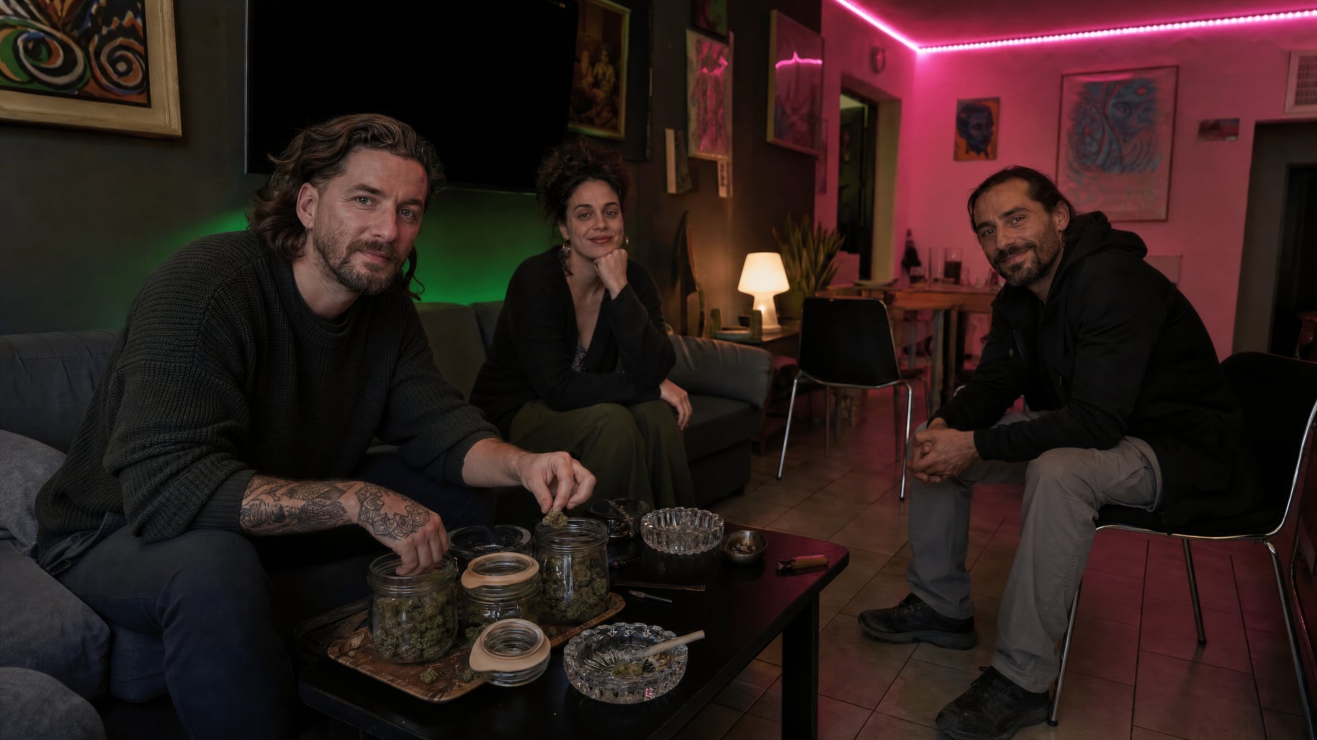 Des membres adultes sont assis ensemble dans une salle privée du club ; l’un choisit une petite quantité de cannabis pendant que les autres discutent.