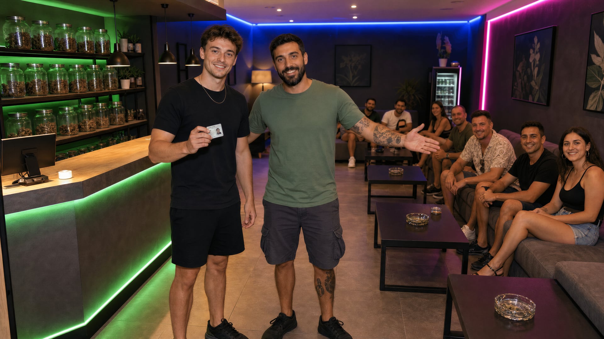 Un visiteur adulte vérifié regarde l’appareil photo tandis qu’un représentant l’accueille et lui présente un club social privé de cannabis à Majorque.