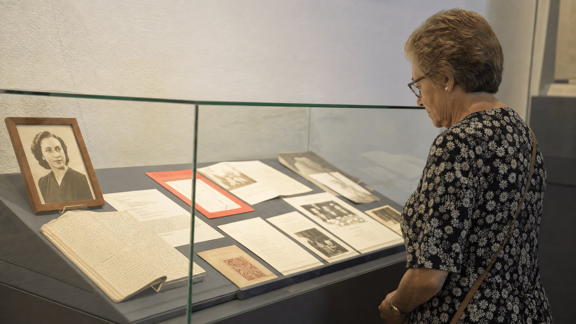Tentoonstellingsopstelling in Santanyí met materiaal over Maria Suau en documenten van het feestprogramma
