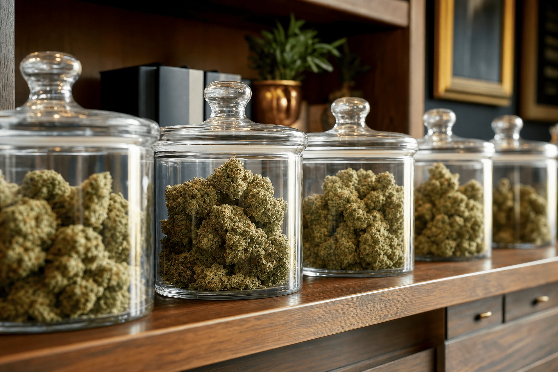Cannabis social club flower display on Mallorca — jars behind glass, no purchase depicted