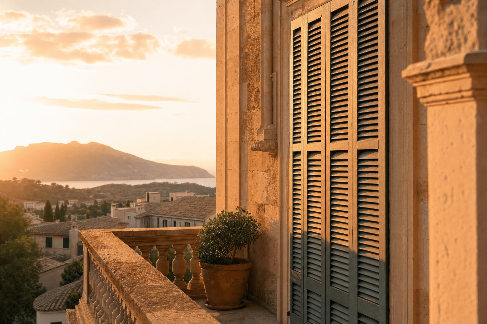 Hotel balcony in Mallorca — private accommodation exterior at golden hour