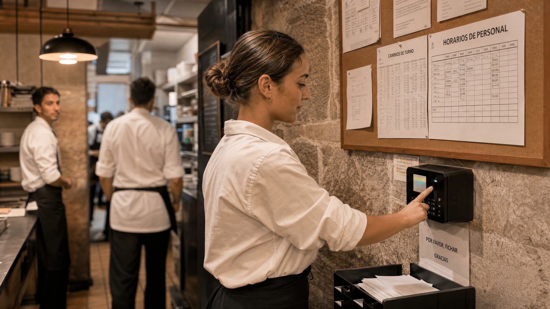Mallorca restaurant back office with staff schedules and employee clocking in