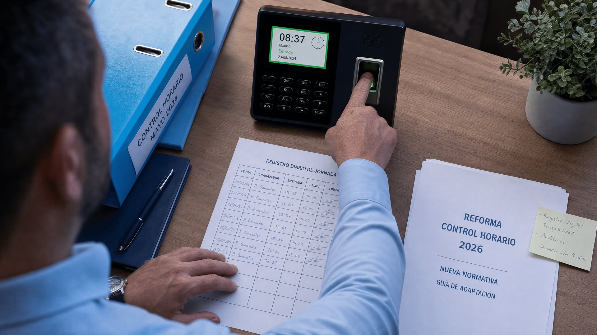 Palma workplace desk showing a digital timekeeping terminal beside an attendance record