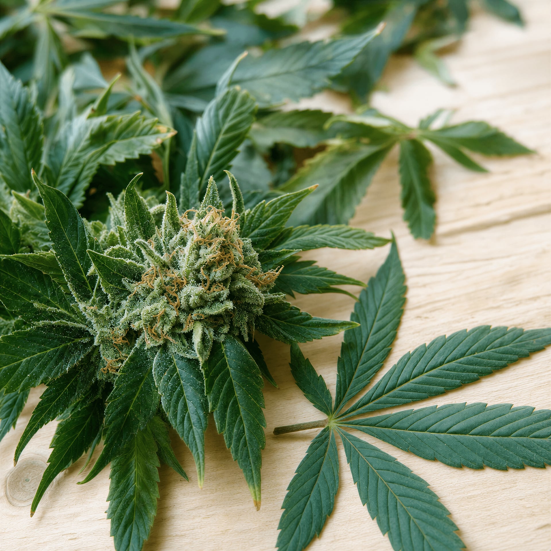 Fresh cannabis leaves, botanical still life