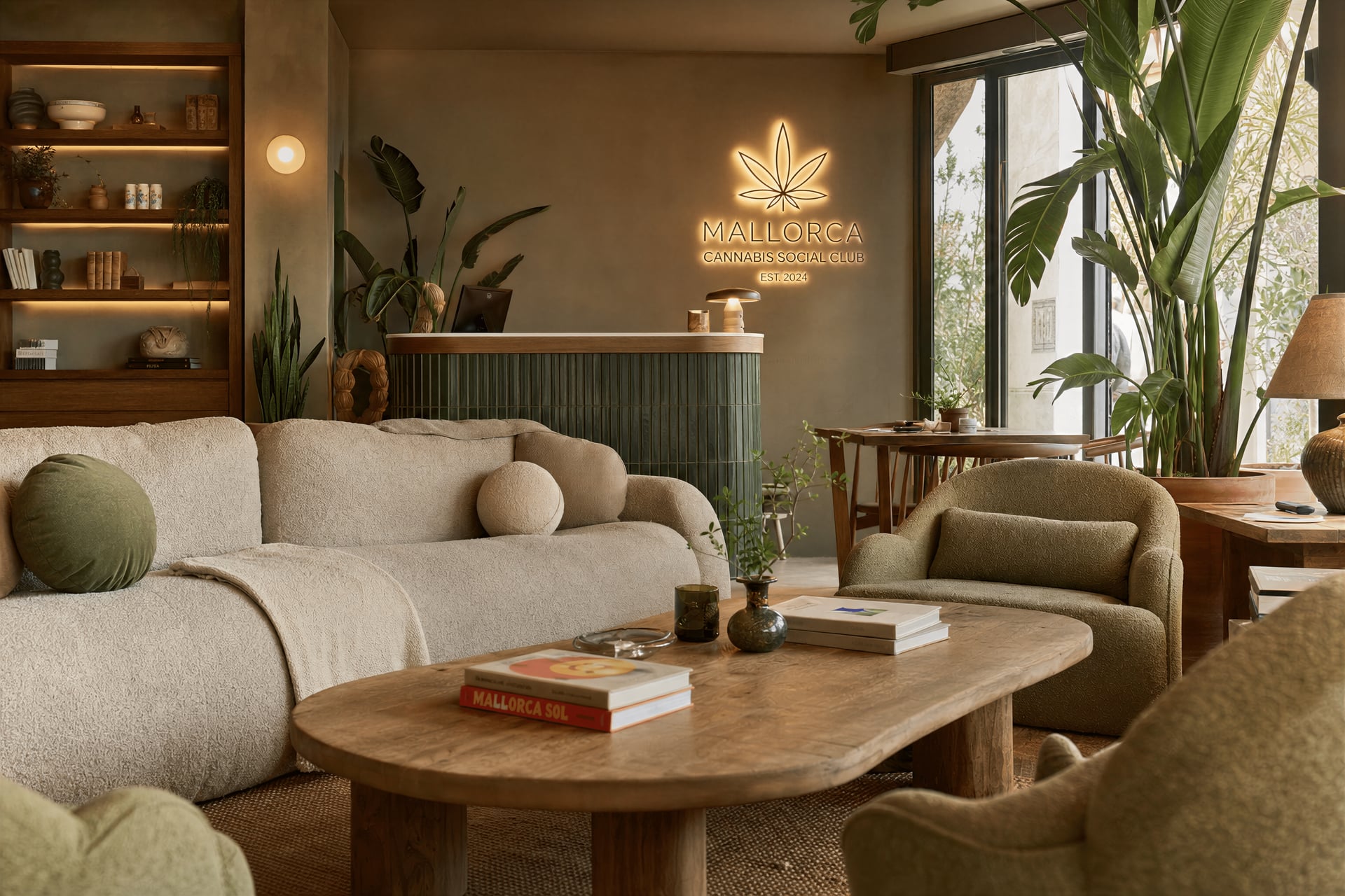 Interior lounge of a private cannabis social club near Cala Mesquida, Mallorca