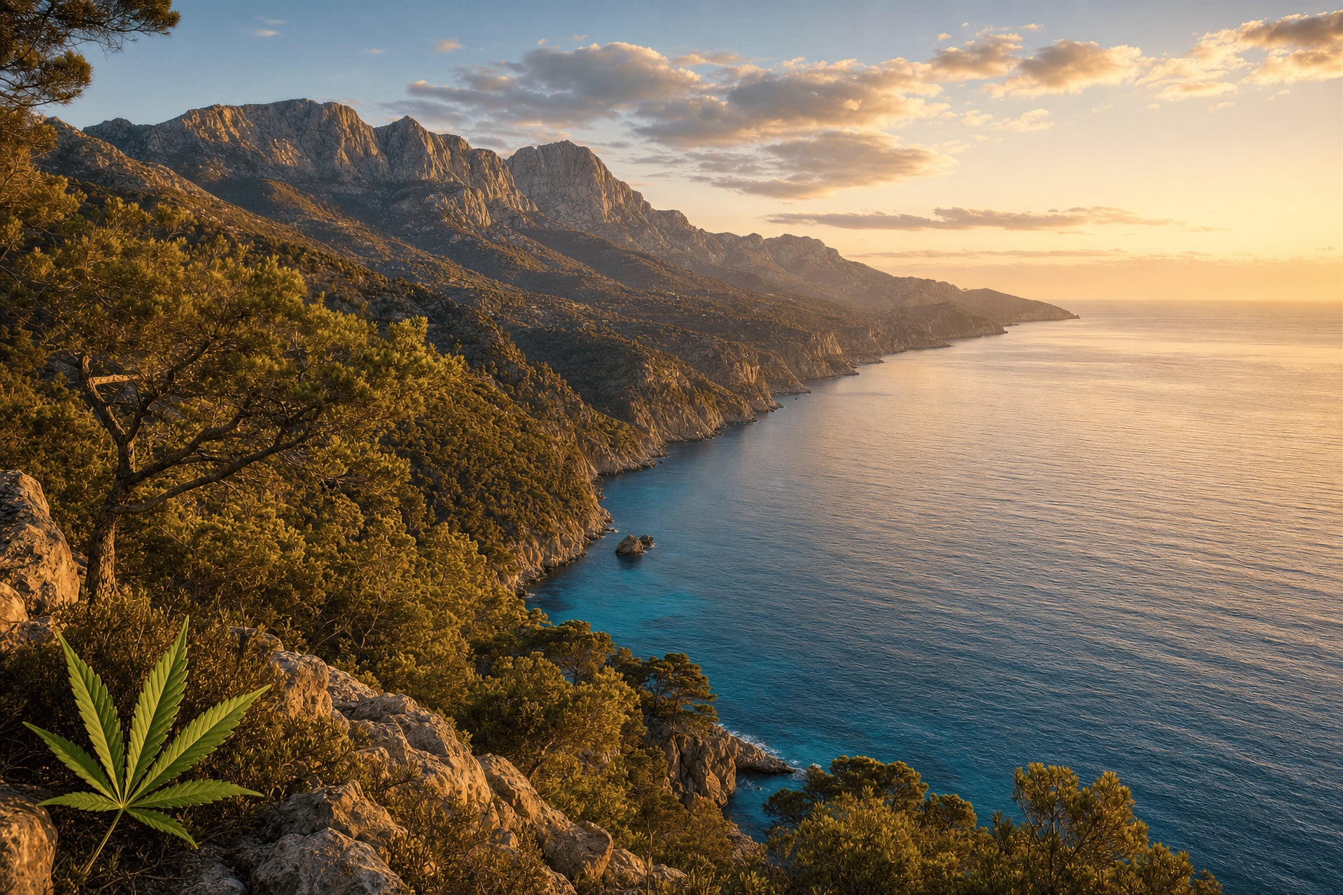 Mallorca cannabis social club guide — Serra de Tramuntana coastline at golden hour