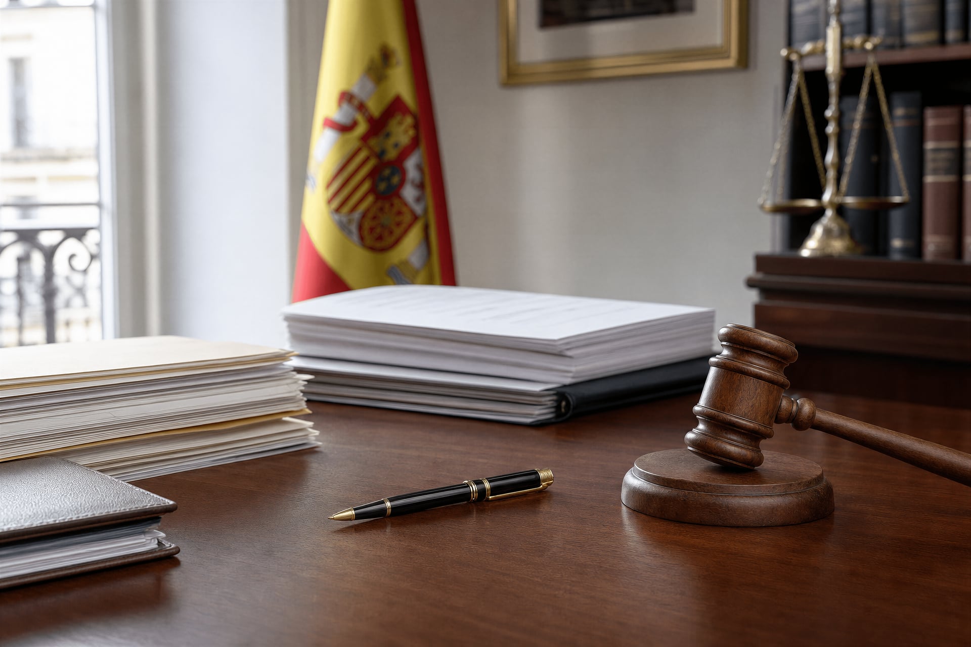 Spanish cannabis law — neutral still life with documents and a gavel