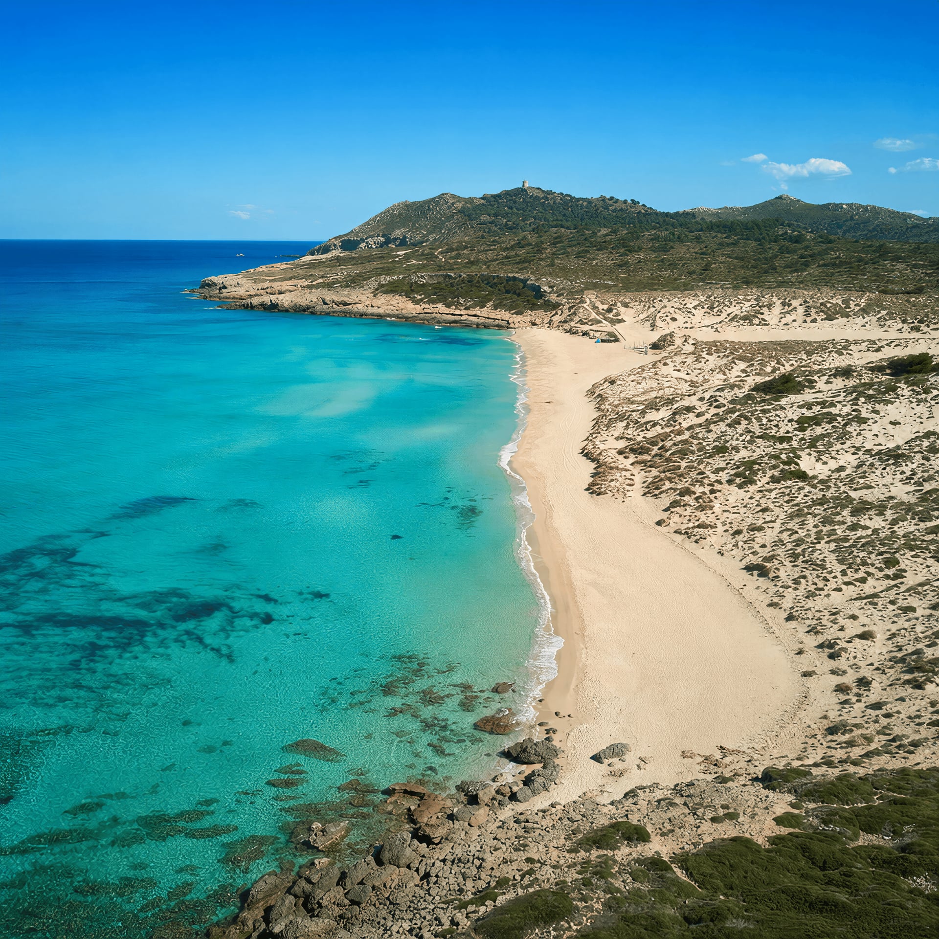 Unspoiled dune-backed cove at Cala Mesquida, northeast Mallorca — near cannabis social clubs