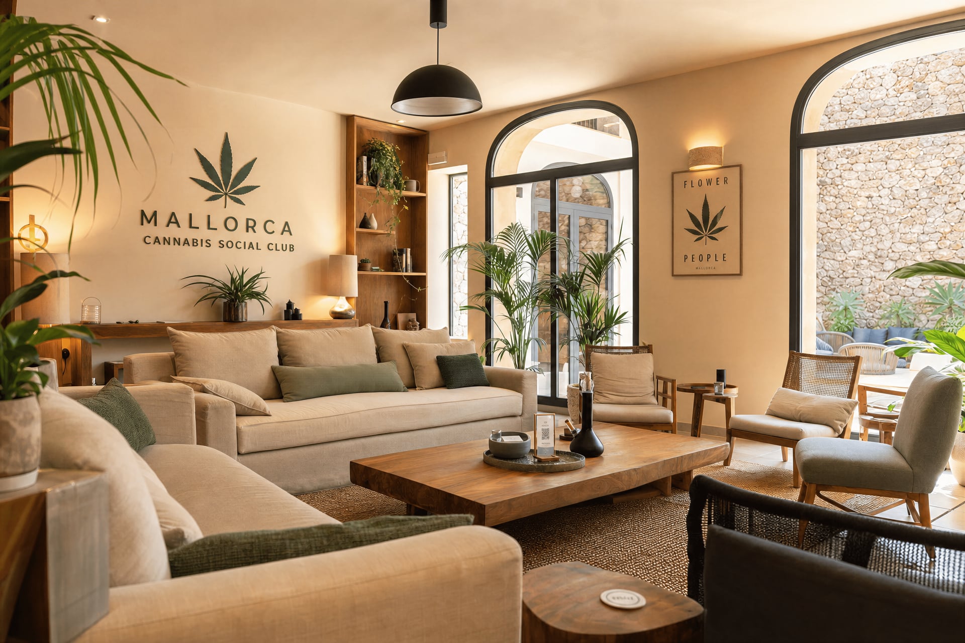 Interior lounge of a private cannabis social club near Port de Pollença, Mallorca