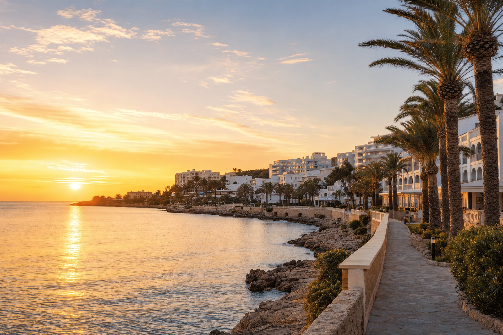 Mallorca resort coastline — Magaluf and Santa Ponsa bay at sunset