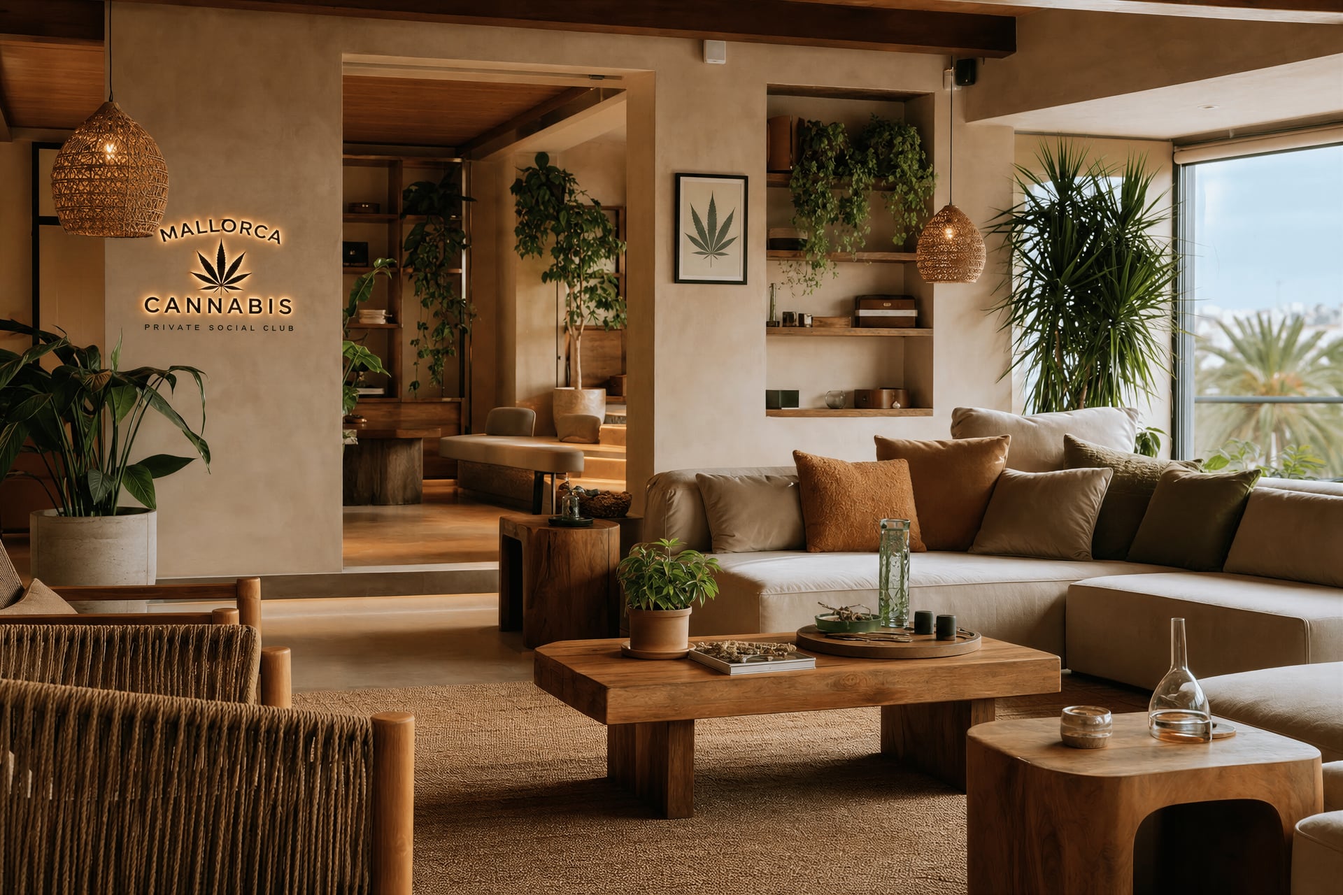 Interior lounge of a private cannabis social club near Sóller, Mallorca