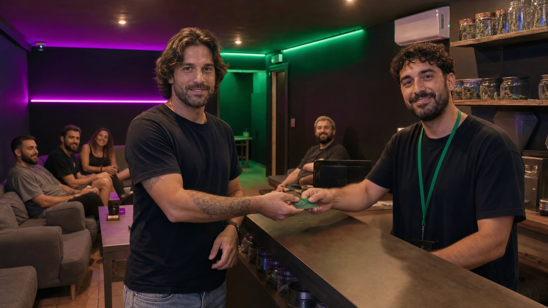 Un candidat adulte regarde l’appareil photo en recevant une carte de membre d’un représentant à l’accueil privé du club.