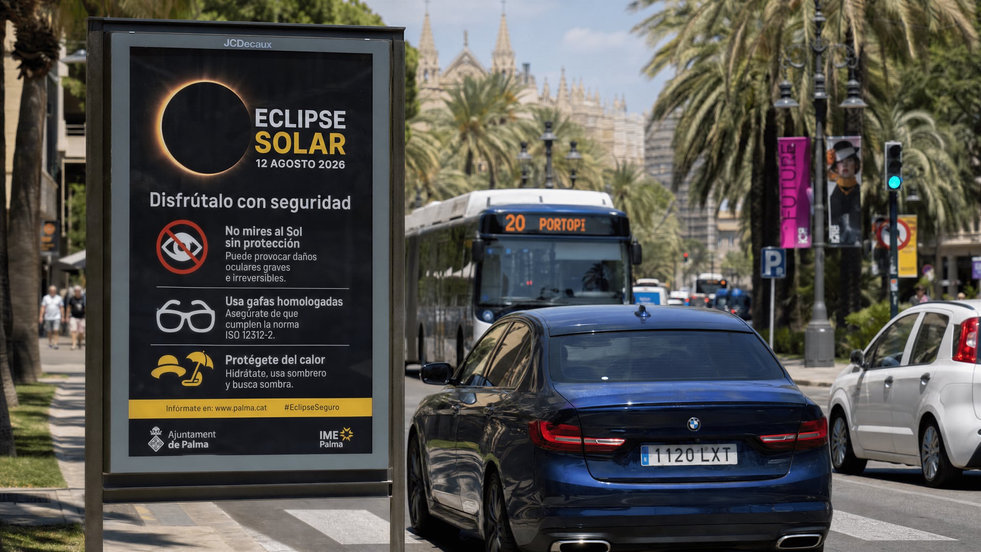 Official solar eclipse safety poster displayed on a Palma street beside summer traffic